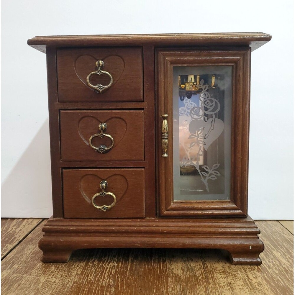 Vintage Wood Jewelry Box 3 Drawers Heart Enlay, Etched Glass, Mirror, Carousel